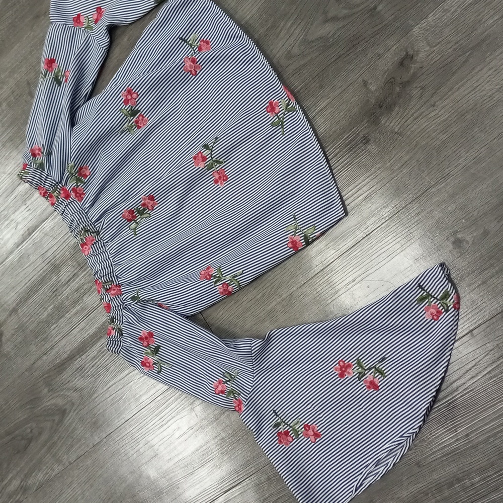 Altar'd State Navy Striped Top with Pink Floral Embroidery
